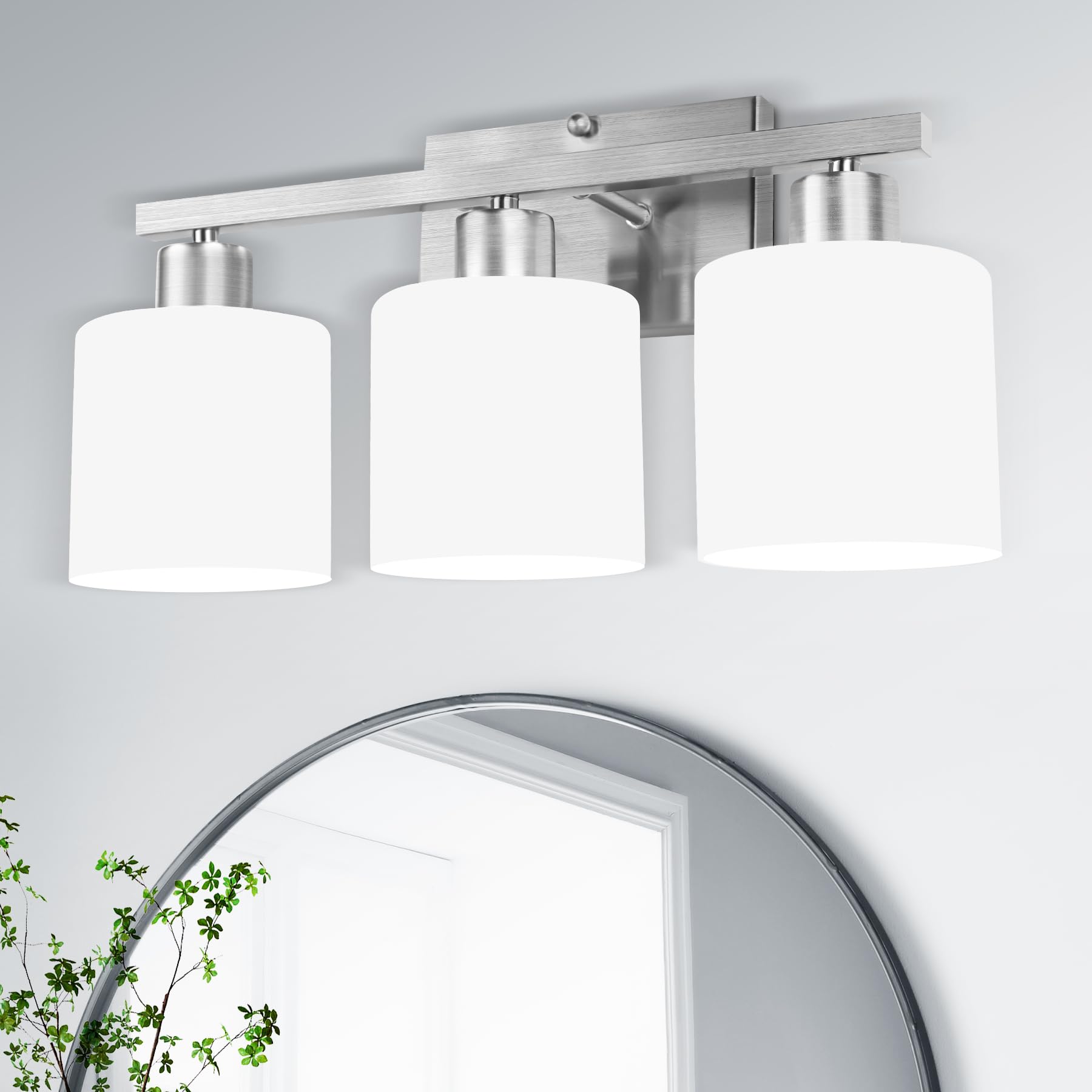 SILAMPDI Bathroom Light Fixtures Brushed Nickel, 3-Light Bathroom Lights Over Mirror, Bathroom Vanity Lights for Bedroom, Living Room, Hallway, Milky White Glass Shades, E26 Base, Bulbs Not Included