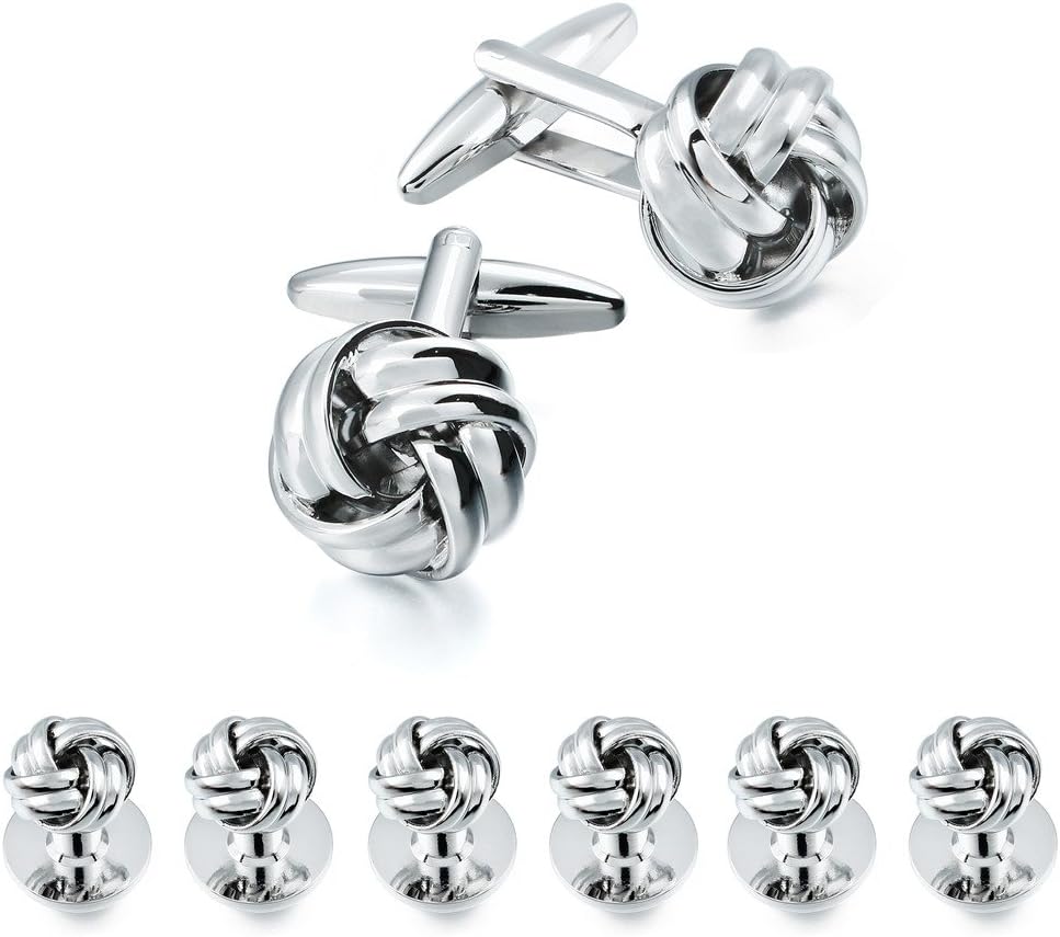 HAWSON Knot Cufflinks and Shirt Studs for Men in Gold or Silver Tone, Matching with White and Black Tuxedo, Suitable for Wedding Day or Formal Occasion.