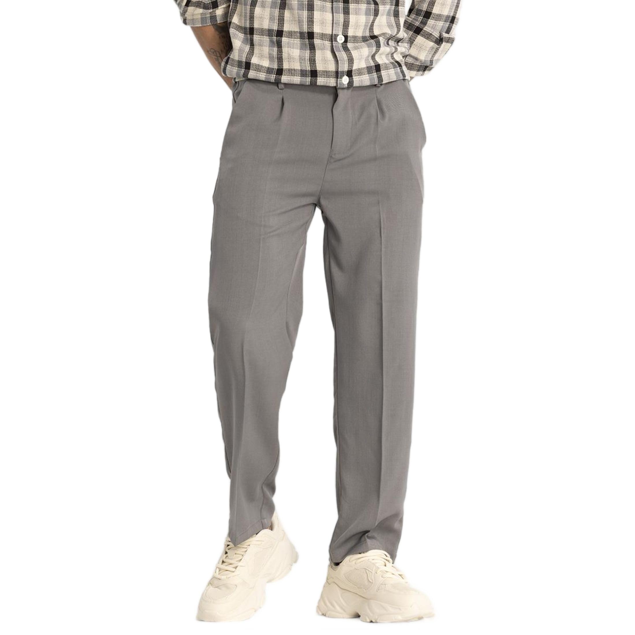 SNITCH Light Grey Plain Relaxed Fit Trousers in grey