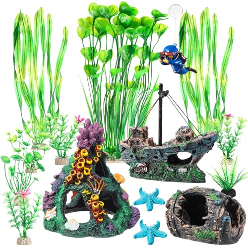 Image of Zeyune 15 Pcs Fish Tank Decorations Mountain Ornament Broken Barrel Sunken Ship Artificial Seaweed Water Plants Colorful Coral Reef for Fish Bowl Aquarium Decor (Green)