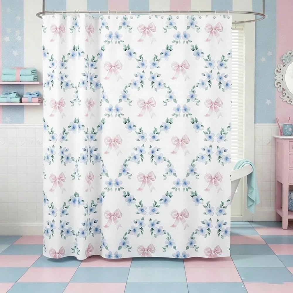 GLKSDLPO Pink Kawaii Ribbon Bow Shower Curtain, Blue Flowers Plaid Bowknot Bath Curtain Cute Girly Bow Bathroom Curtains(150x210cm/59x83in(WxH)