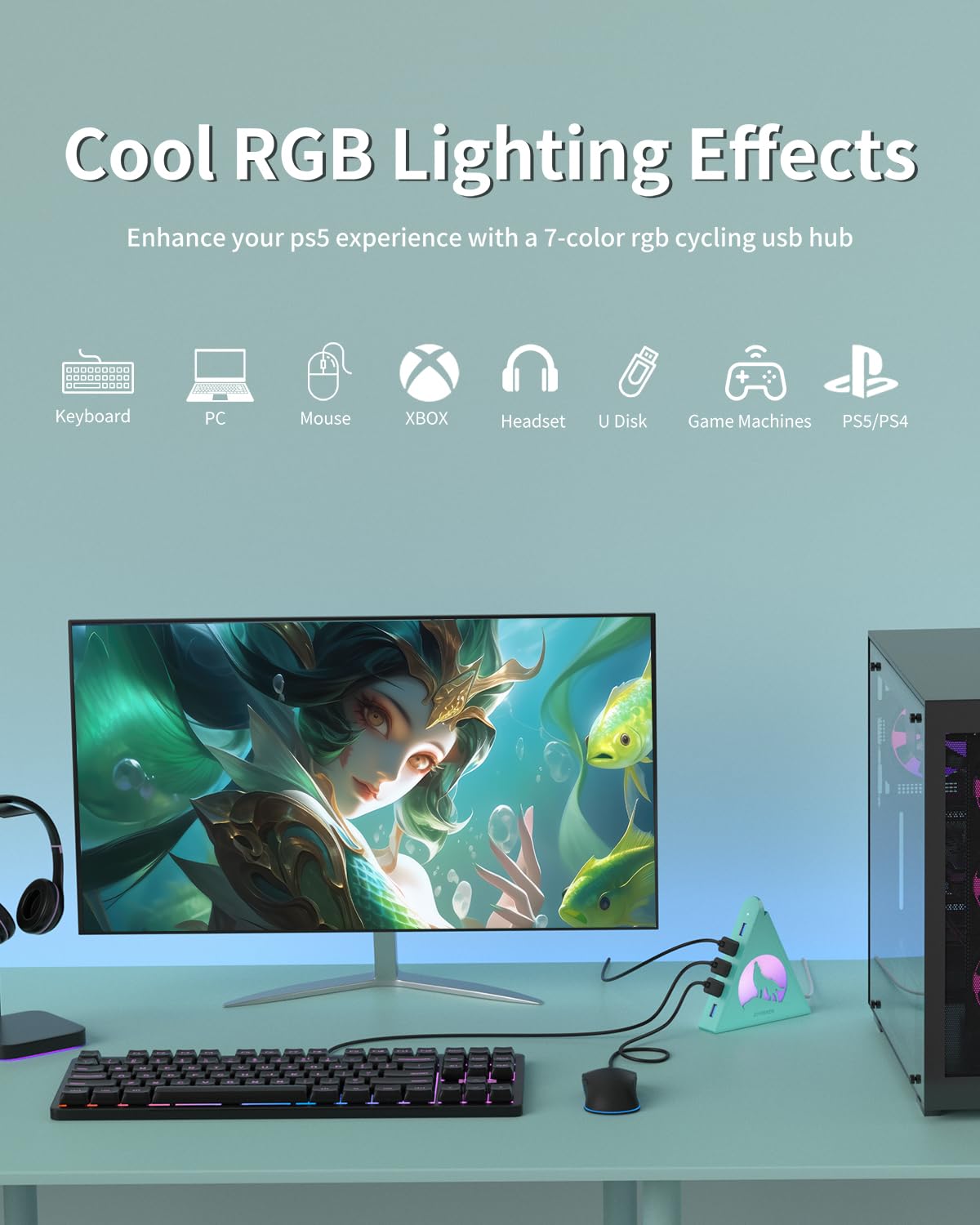Hub USB 3.0 de 7 puertos, torre vertical USB con iluminación RGB y velocidad de datos de 5 Gbps, cable de 2 pies, divisor de concentrador USB para juegos para PC, escritorio, laptop, PS5