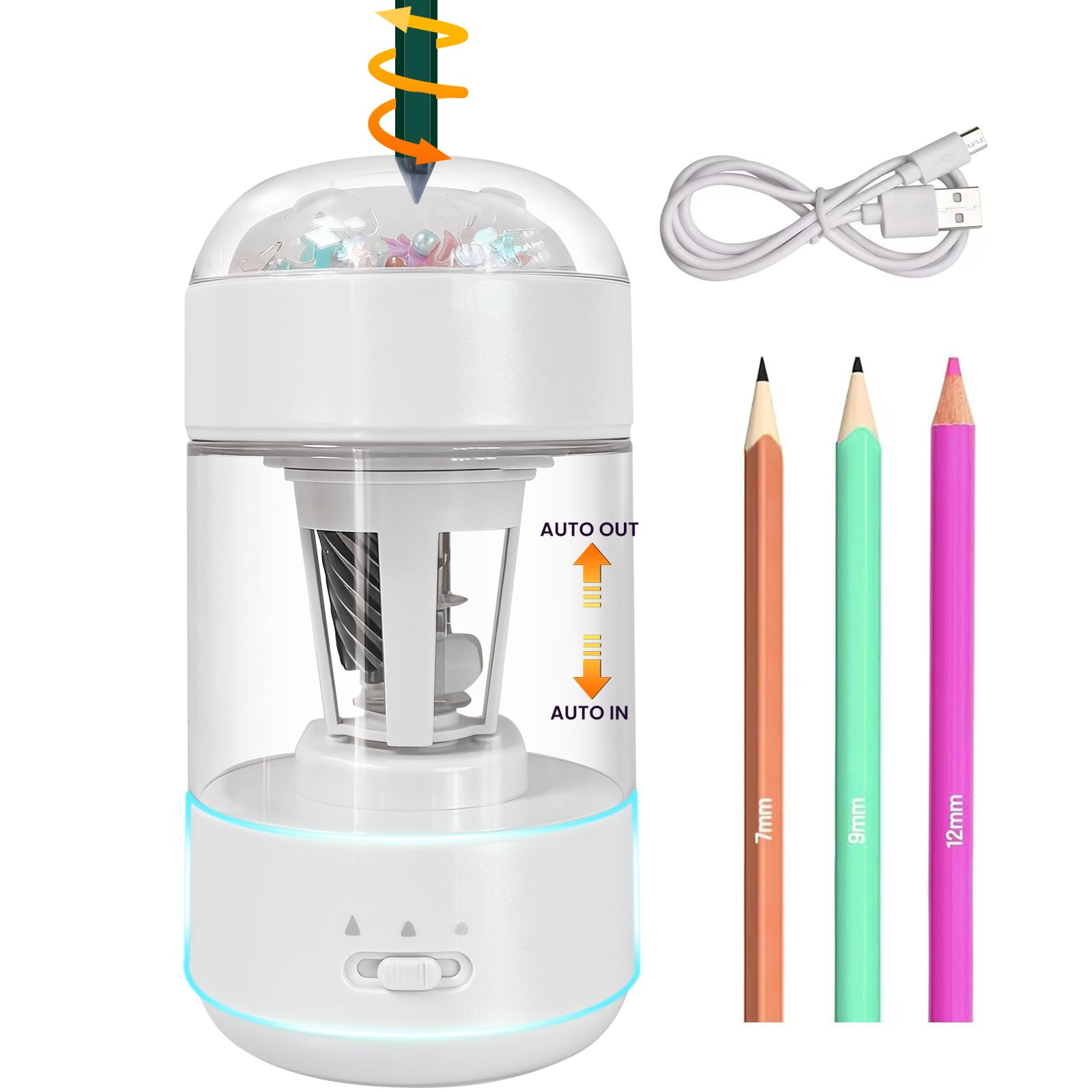 Electric Pencil Sharpener(6-8mm), Fully Automatic Colored Pencil Sharpener for Kids with Auto in & Out Rechargeable Sharpener for Classroom//Office/Home Kids Gift