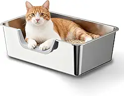 Caixa de areia de aço inoxidável com laterais altas, caixa de areia de metal com entrada baixa para gatinhos e gatos idosos, caixas de areia para gatos grandes, 49,8 cm C x 34,8 cm L x 15 cm