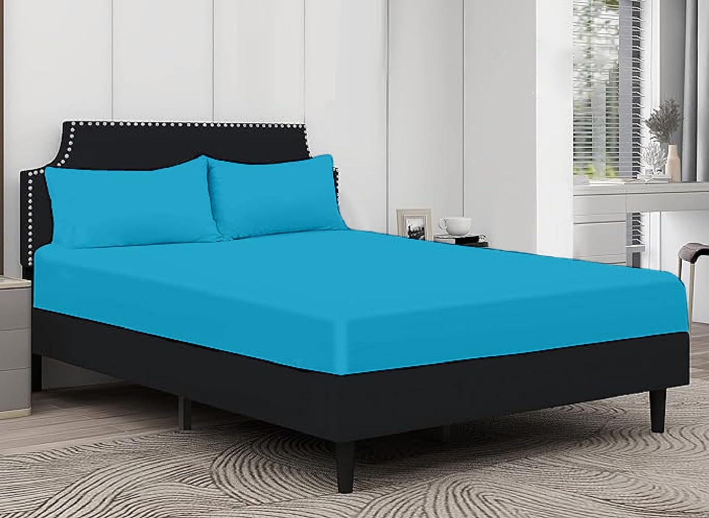 100% Egyptian Cotton Fitted Sheet 25cm Deep Mattress Pocket 200 Thread Count Soft & Fade Resistant Bottom Fitted Sheet (Teal, King)