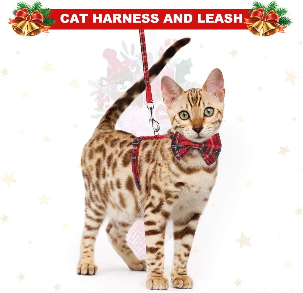 Cat Harness Adjustable with Removable Bowtie-for Kitty & Rabbit,Plaid Harness and Leash Set, Red