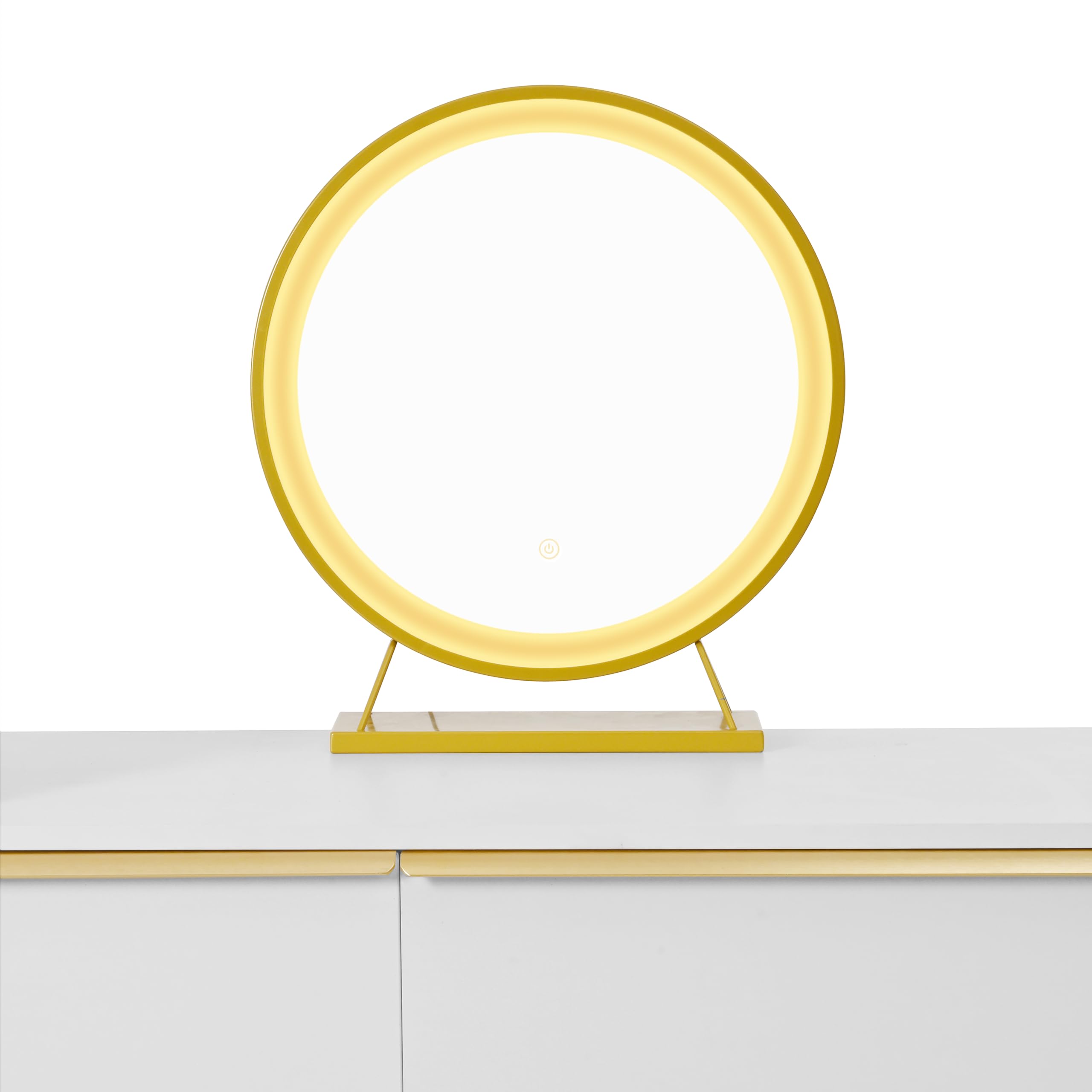 Tavolo da toeletta con ripiano estraibile, 6 cassetti e maniglie dorate, specchio a LED con luce dimmerabile, sgabello non incluso, bianco, 102 x 100 x 41,5 cm