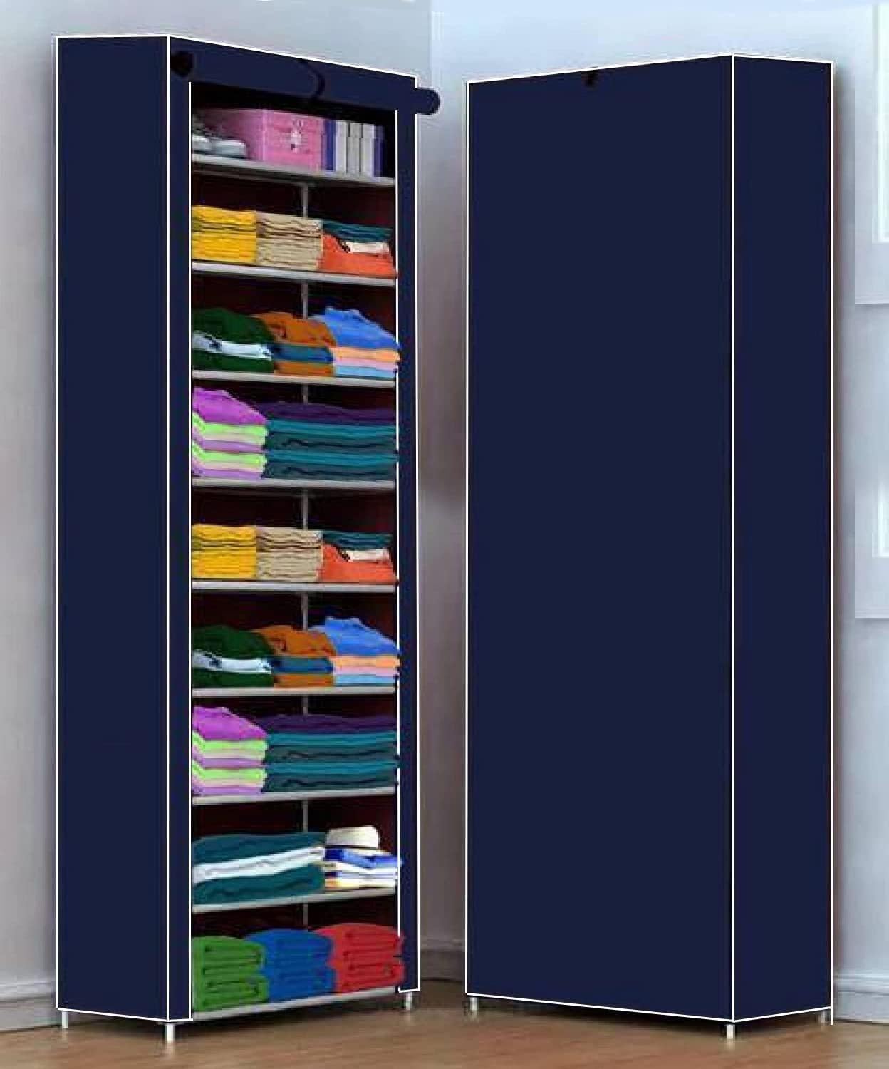 ClearSpace Multipurpose Baby Wardrobe/Cabinet/Multipurpose Storage Rack, Foldable, Collapsible Fabric Wardrobe Organizer for Clothes (Plastic and Non Woven Fabric) (Blue, 9 - Layer)-image-30