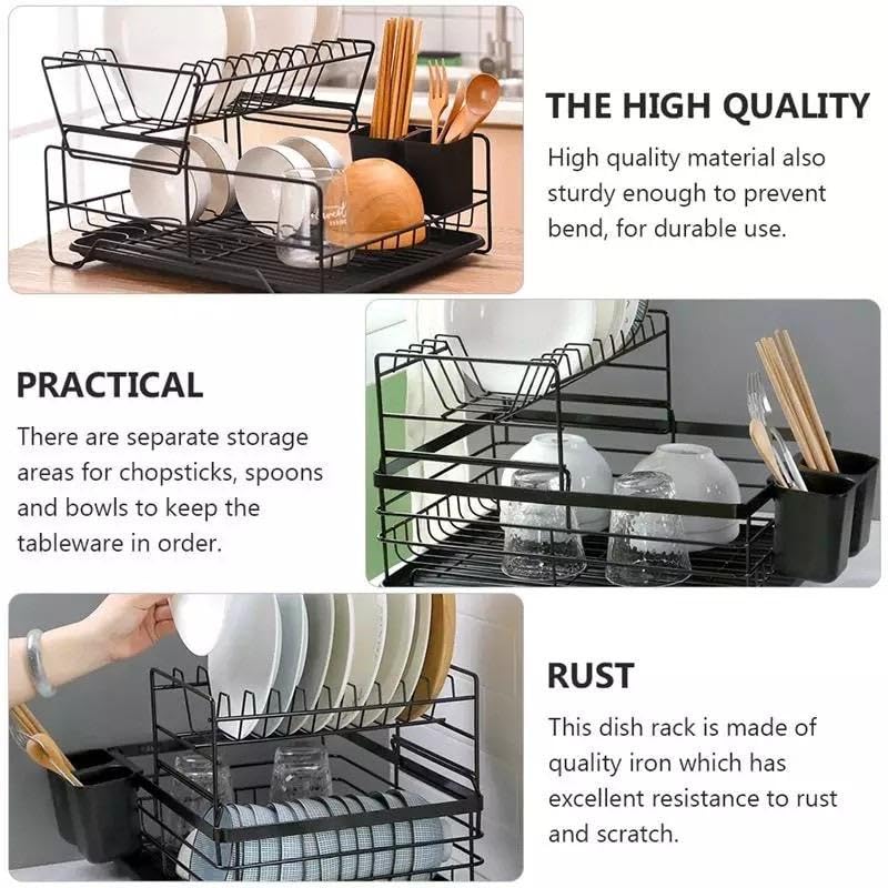 Image of ZROY 2-Tier Large Capacity Dish Drying Rack with Drain Tray - Rust-Resistant Steel Kitchen Organizer with Utensil Holder, Plate Stand & Cup Storage for Countertop (Black Rack 2-Tier)