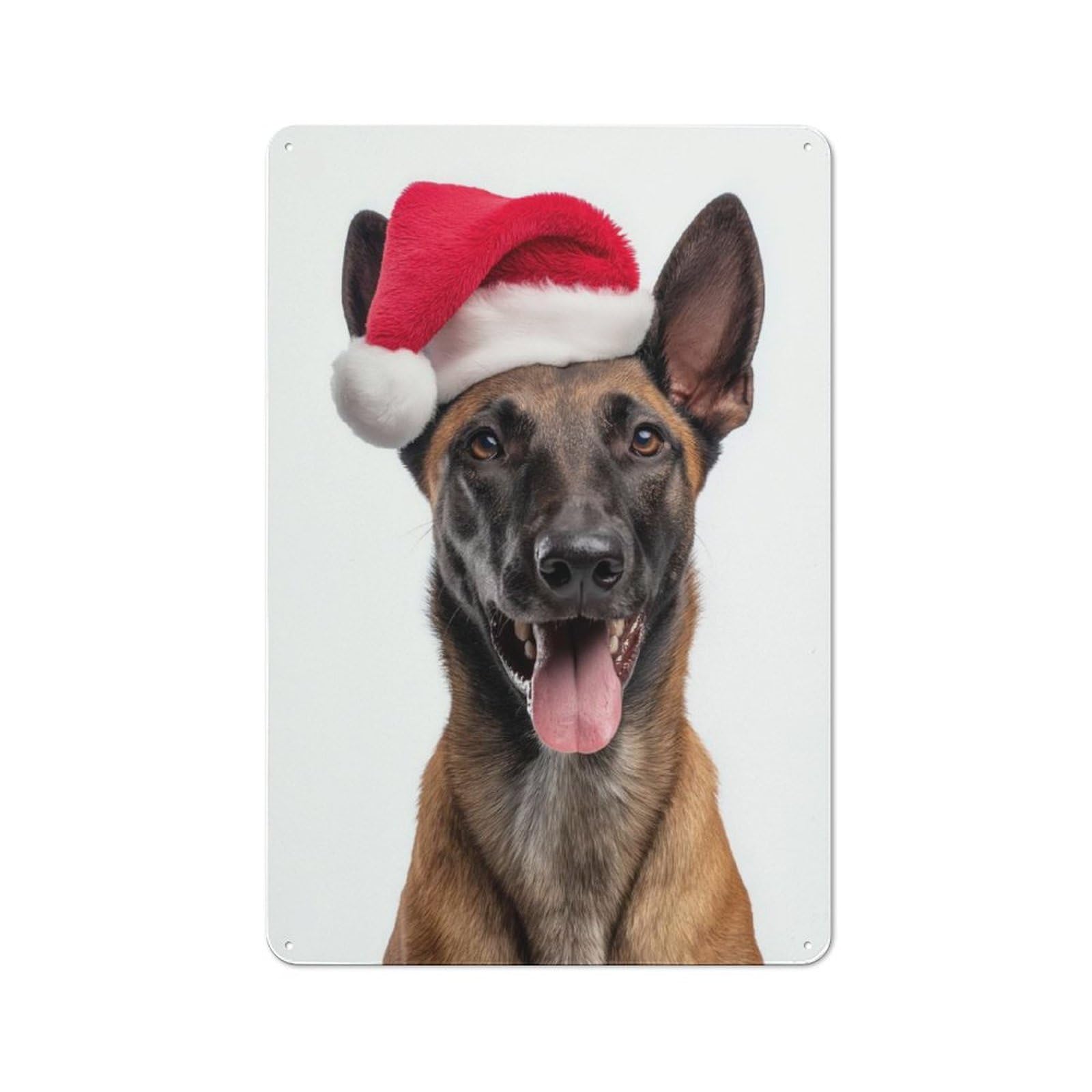 Junmoney Belgian Malinois Dog With Santa Hat Portrait Metal Plaque 30X20cm With For Hallway Wall, Rustic Decor, For Garage, Workshop And Man Cave Decoration