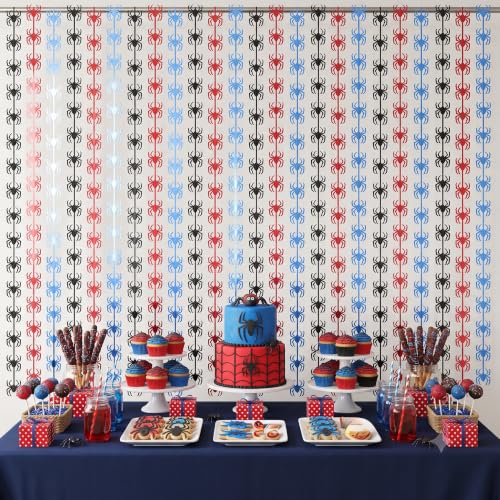 Image of TONIFUL 2Pcs Black Red Blue Spider Cutouts Metallic Foil Fringe Curtains | 3.3ftx6.6ft Photo Booth Backdrop Door Tinsel Streamers, Props for Spider Themed Birthday Halloween Baby Shower Decorations