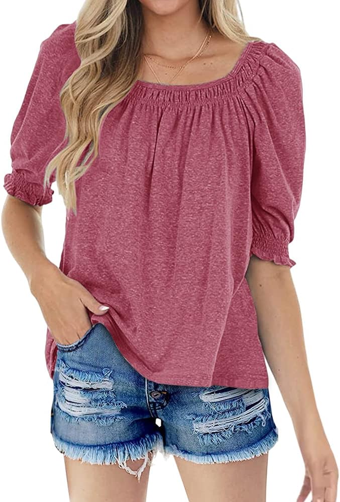 Sovelen Womens Casual Square Neck Puff Half Sleeve Tops Pleated Loose Basic Summer T Shirts Blouses