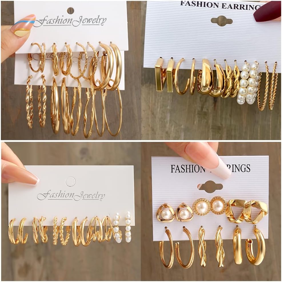 41Pairs Gold Hoop Earring Sets for Women, Fashion Chunky Pearl Earrings Multipack Twisted Statement Earring Pack Small Pearl Earrings for Gift ﻿ - Image 6