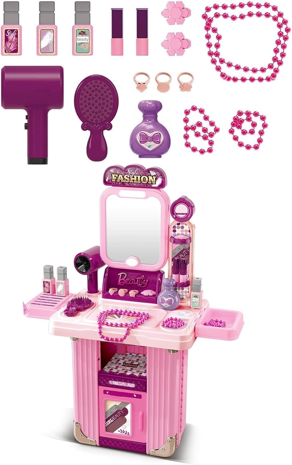 PEBBLE HUG Kids Beauty Makeup Vanity Set, Pretend Play Fashion Dressing Table, Educational Role Play Gift for Toddlers & Little Girls, Makeup Toy Set with Hair Dryer, Brush, Lipsticks, (Pink)