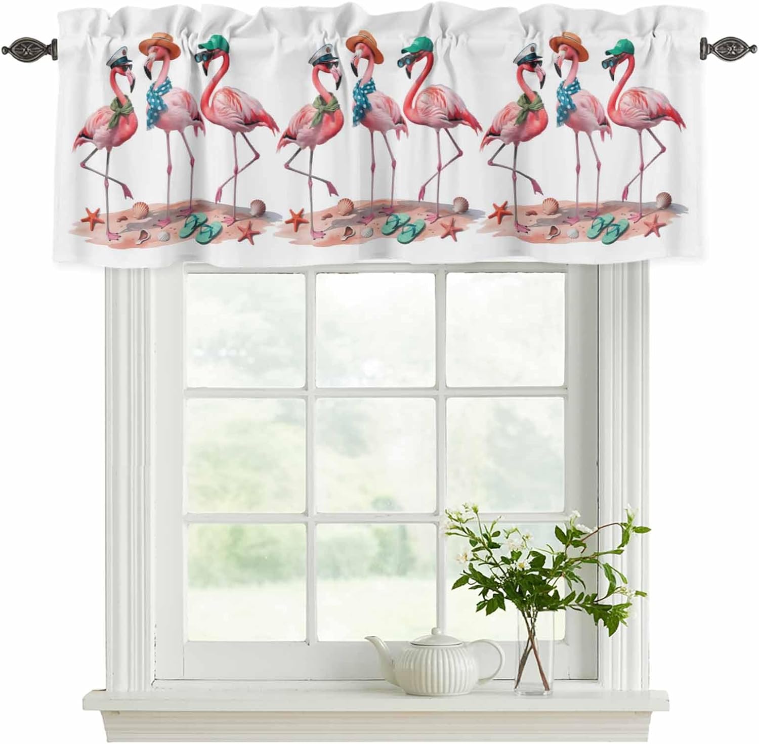 Pink Flamingo Curtain Valances for Windows, Kitchen Valance Window Treatments Panel 2 Pack, Summer Coastal Ocean Nautical Sea Beach Rod Pocket Short Curtains for Bathroom Bedroom 54 x 18 Inch