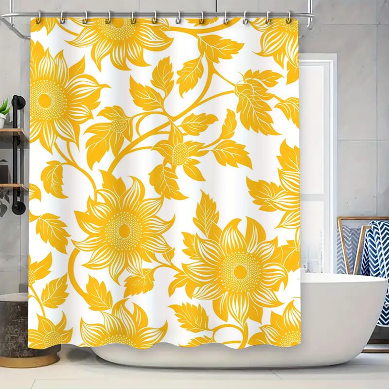 Rideau de douche tournesol imperméable avec tapis assorti pour salle de bain propre