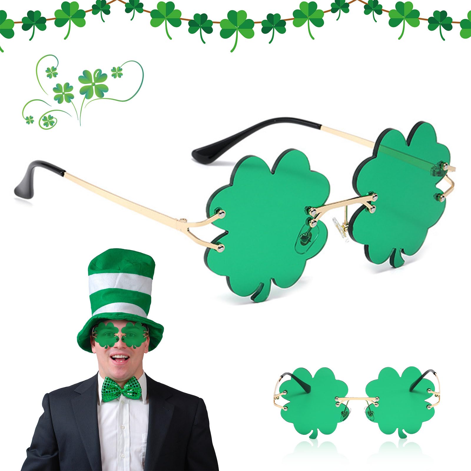 CHIHOLEN St Patrick’s Day Glasses,St Patrick’s Day Irish Sunglasses,Irish Four Leaf Clover Green Glasses,St Patrick’s Day Accessories,Leprechaun Costume Eyeglasses Metal Frame for Men Women Kids