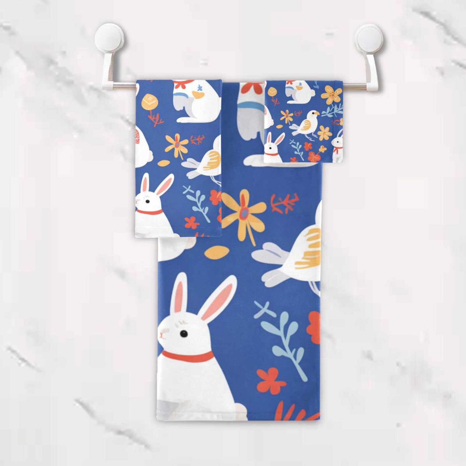 Set di 3 asciugamani in microfibra con coniglietti e fiori blu, 1 asciugamano da bagno, 1 asciugamano per le mani, 1 panno per spiaggia, capelli, viso, palestra, nuoto, cucina