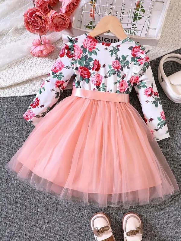 Image of Niren Enterprise 1019 Long Sleeve Printed Flower Belted Square Neck Baby Girl Frock with Knee-Length and A-Line Style