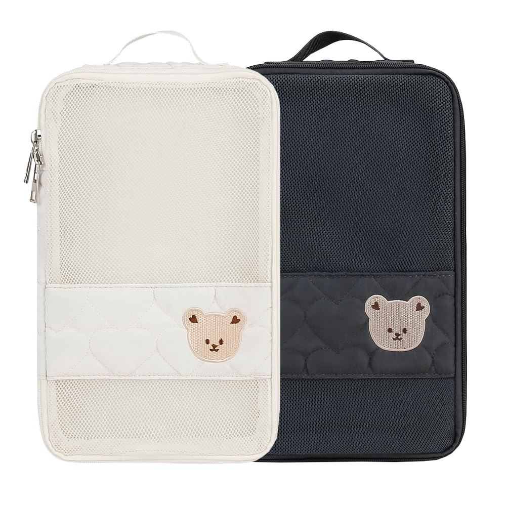 Baby Diaper Bag Organizer Pouches - 2 Pack Waterproof Pod Hanging Diaper Bag Cute Bear Mesh Bag Reusable, Washable or Baby Cloth Diapers (White&Black)-image-23