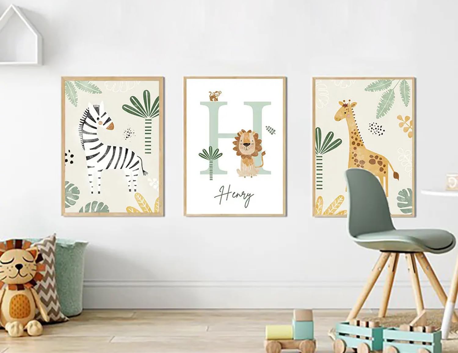 3 Quadri Giungla Bambini 30 x 40 Quadretti Personalizzati Bimba Poster Cameretta Neonato con Iniziale Nome Beige Verde Boho Stampe per Cameretta Ragazzi Zebra Giraffa Quadro Tela Senza Cornice