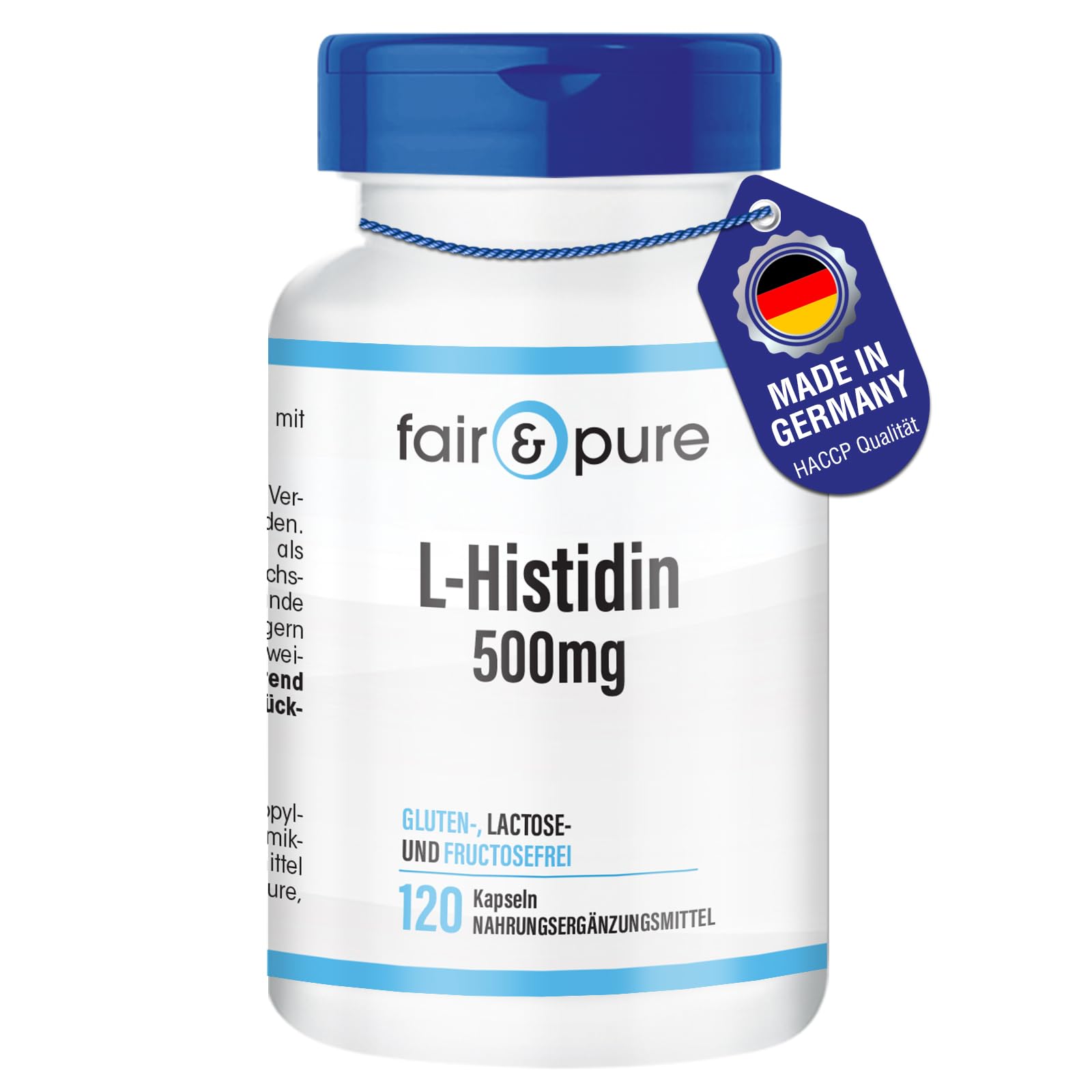 Fair & Pure® - L-histidine 500mg, semi-Essential Amino Acid, Vegan, Without Magnesium Stearate, 120 histidine Capsules