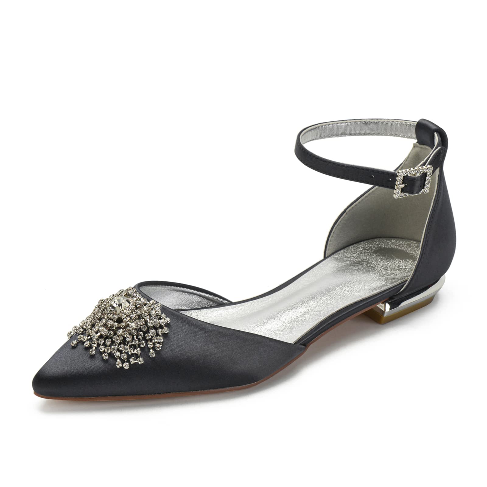 JTTM Womens Bridal Shoes Pointed Toe Low Heels Satin Ankle Strap Rhinestone Ballet Flat Shoes Ladies Bridesmaid Pumps