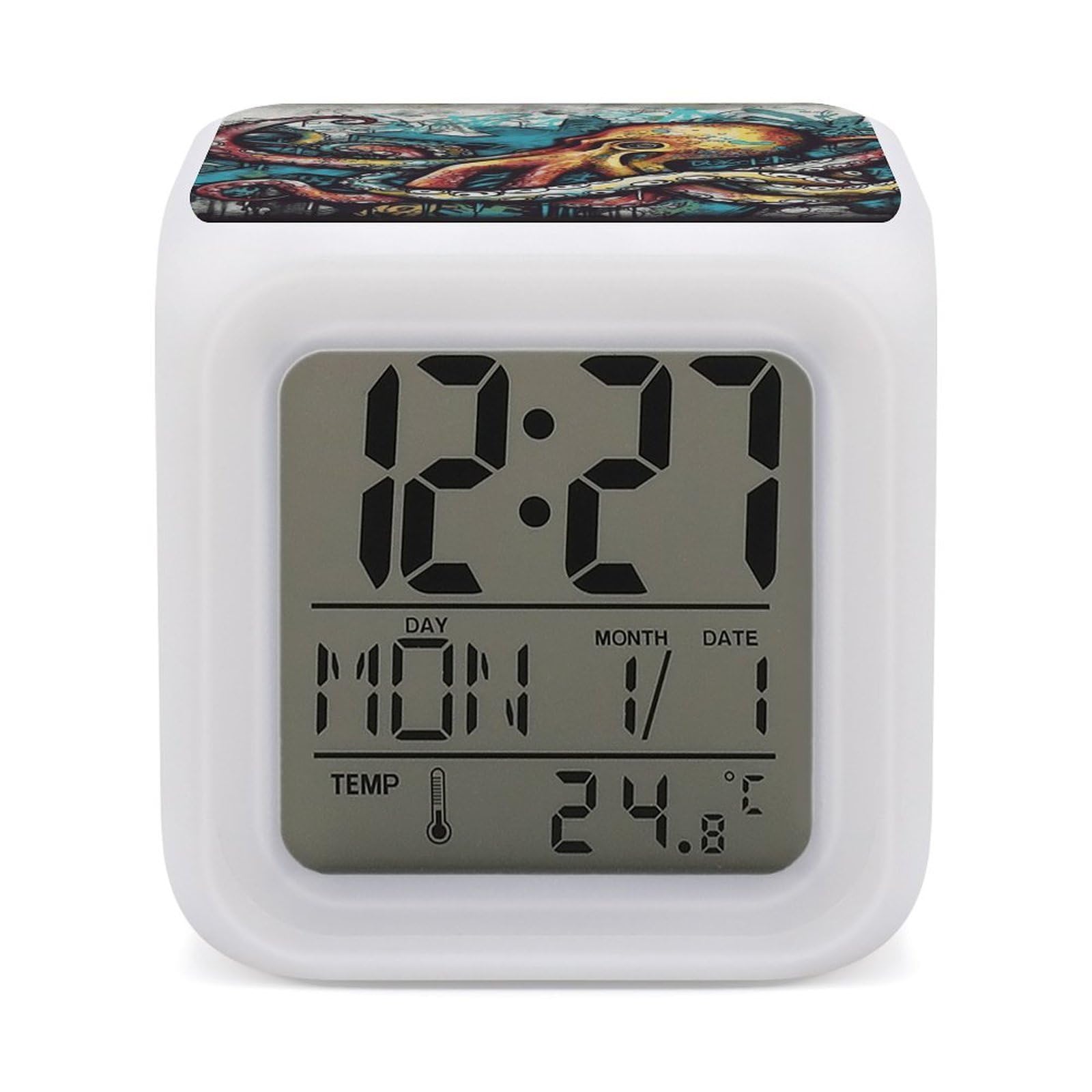 FekiLoot Color Graffiti Octopus Alarm Clock for Heavy Sleepers Wake Up Digital Clock with 7 Color Changing Night Light Super Loud Digital Alarm Clocks Small Machine Alarm Clocks