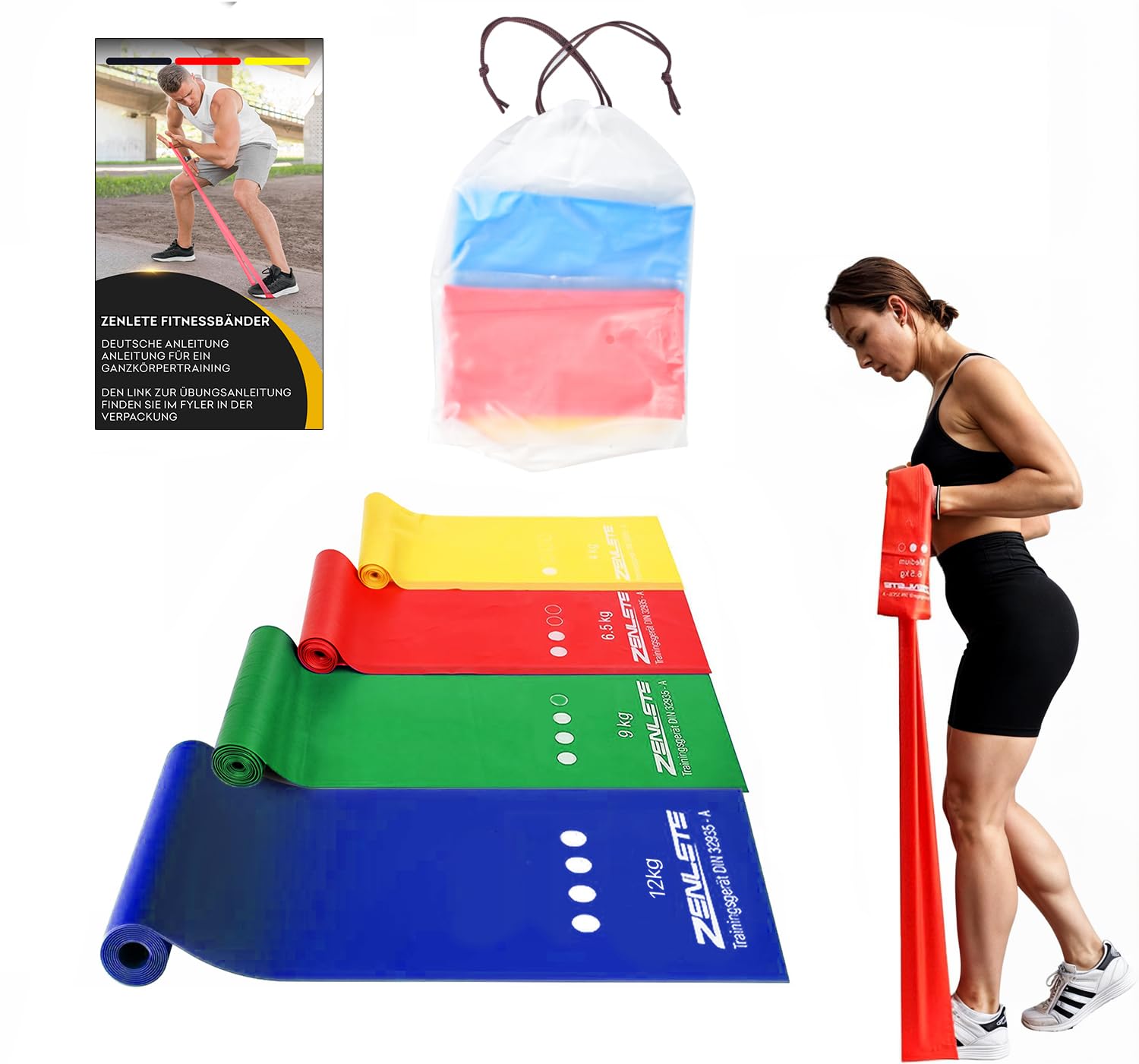 zenlete Fitnessbänder 4er Set 2m lang – Widerstandsbänder Muskelaufbau, Yoga, Pilates & Physiotherapie, Original Fitness-Band Gymnastikband Trainingsband