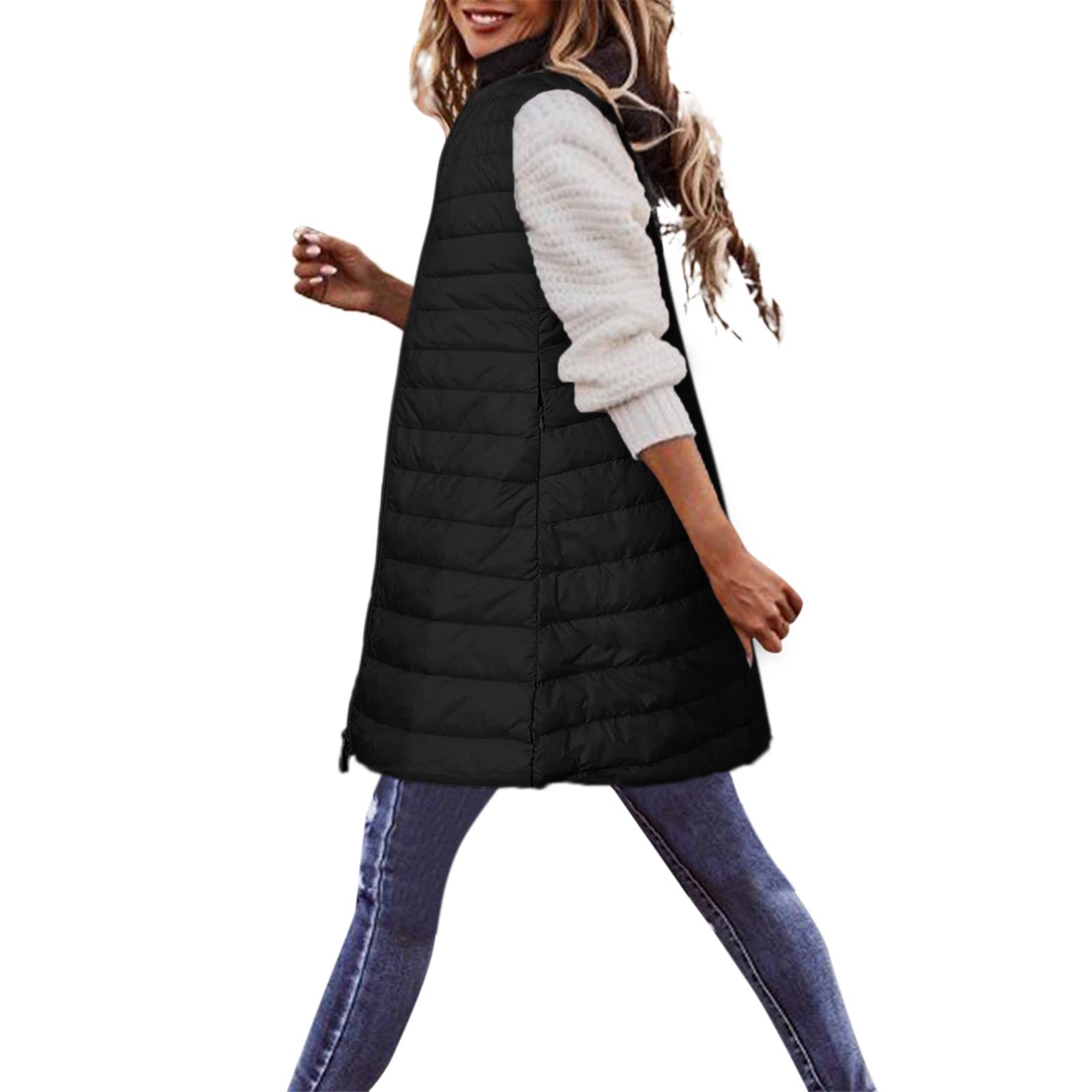 Generisch Chaqueta de invierno para mujer, chaleco de plumón, largo invierno, fino, ligero, abrigo de plumón, abrigo de plumas informal, chaqueta acolchada para exteriores, abrigo de invierno con