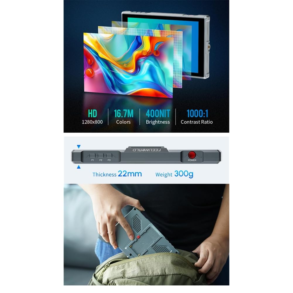 Monitor de Cámara FW759 Pro con Pantalla Táctil IPS de 7 Pulgadas, Video de Campo (1280 X 800), Monitor Externo para Director de Fotografía.