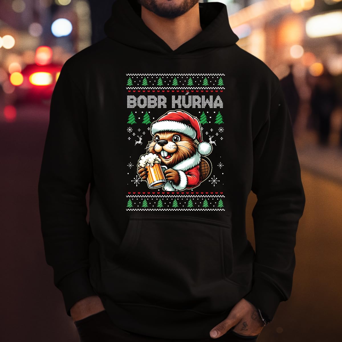 Bobr Kurwa Bier Beer - Jersey navideño navideño con capucha, Negro , S