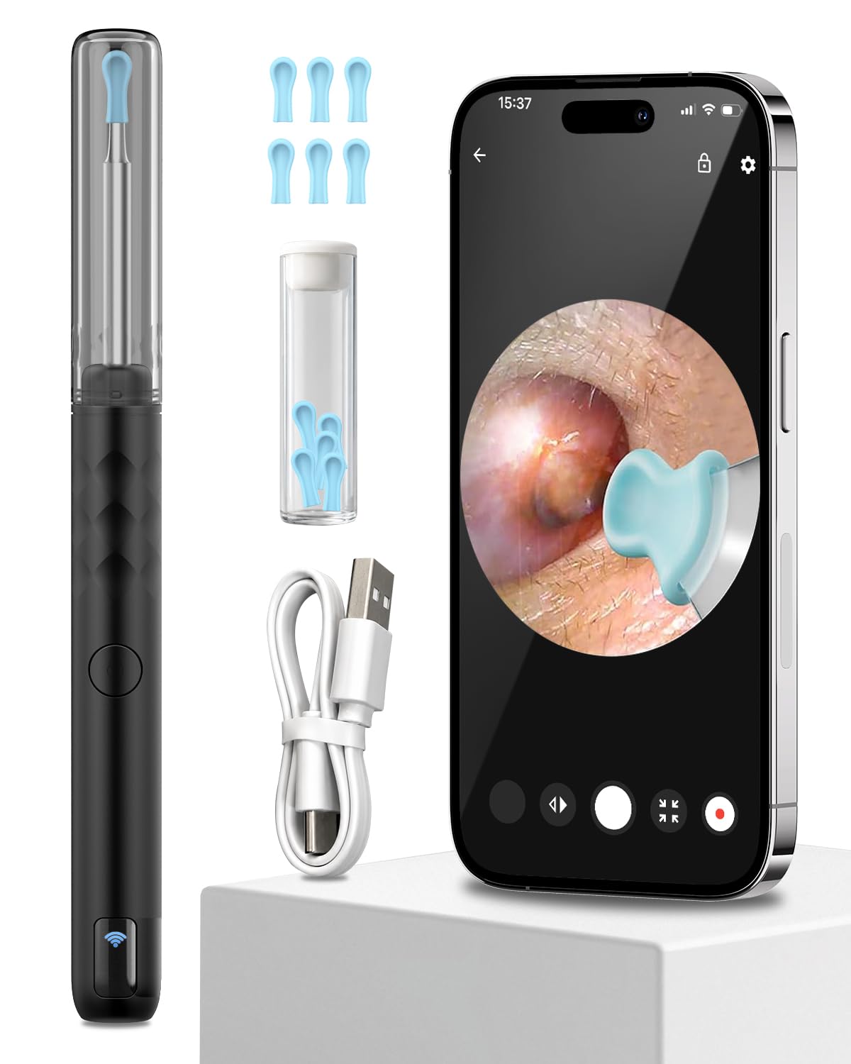 ELECTOMANIA Wireless Ear Wax Removal Tool Kit with 1296P HD Camera 6 LED Lights & Wifi Connection, Ear Cleaning Machine with 5 Silicone Tips Free, Light Weight, IP67 Waterproof for iOS and Android