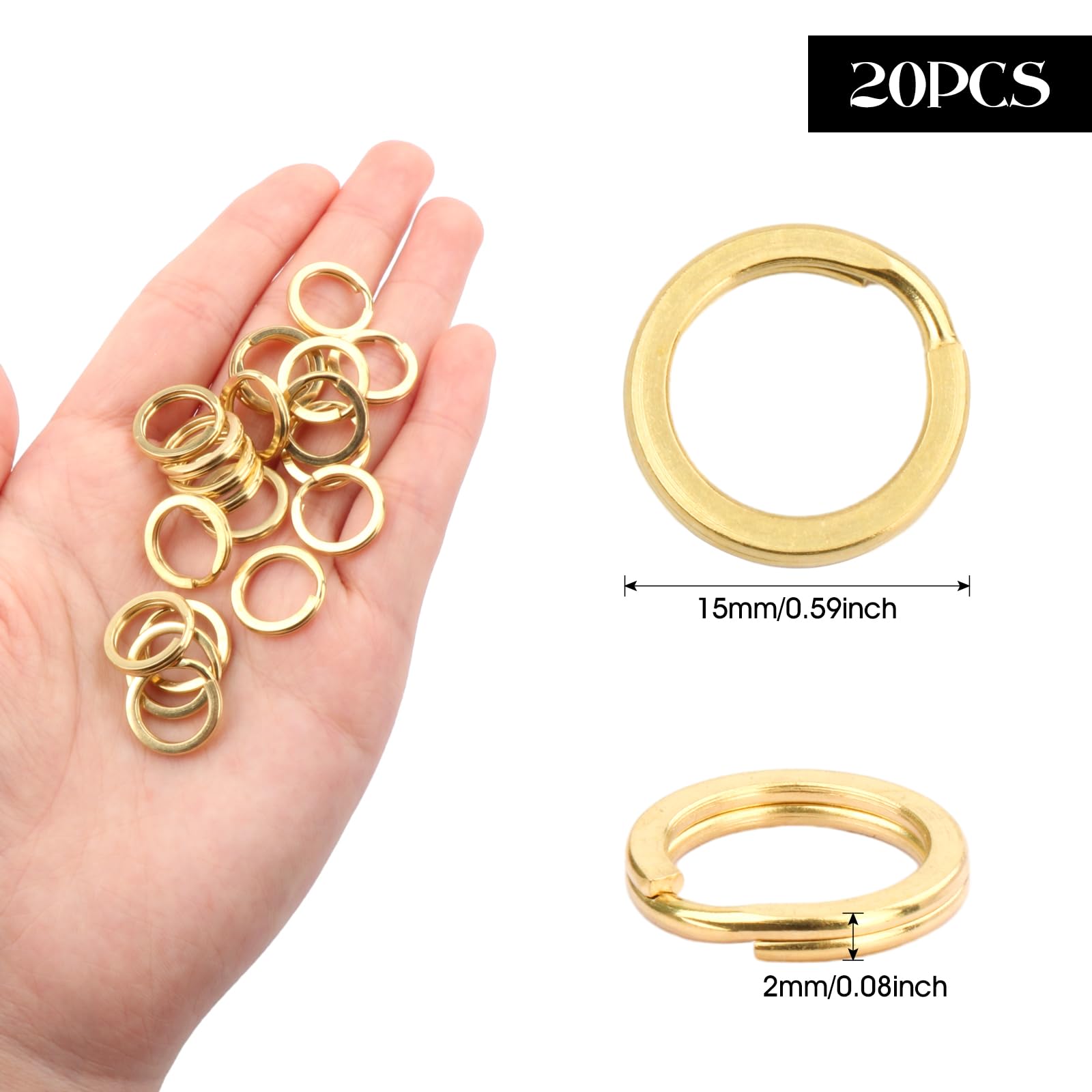 shamjina 20Pcs 15mm Flat Split Solid Brass Key Rings Keys Charms Clasps Split Keyrings Flat Ring for Home Car Office Keys Attachment DIY Craft