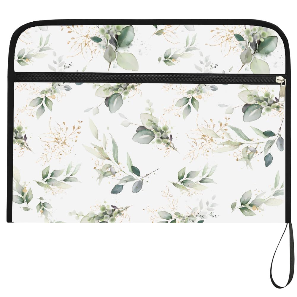 WEBEEDY 13 Pocket Expanding File Folder Portable Document Organizer with Zipper and Labels, A4 Size Accordion File Organizer for Travel Office Home Bill Letter Receipt (Watercolor Leaves Pattern)