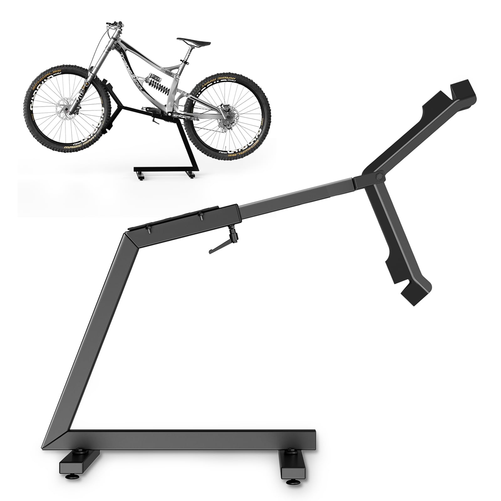 Cavalletto posteriore 2 in 1 per riparazione e stoccaggio, supporto stabile per mountain bike e bici elettriche fino a 45 kg, struttura in metallo con fissaggio anteriore della ruota, regolabile per