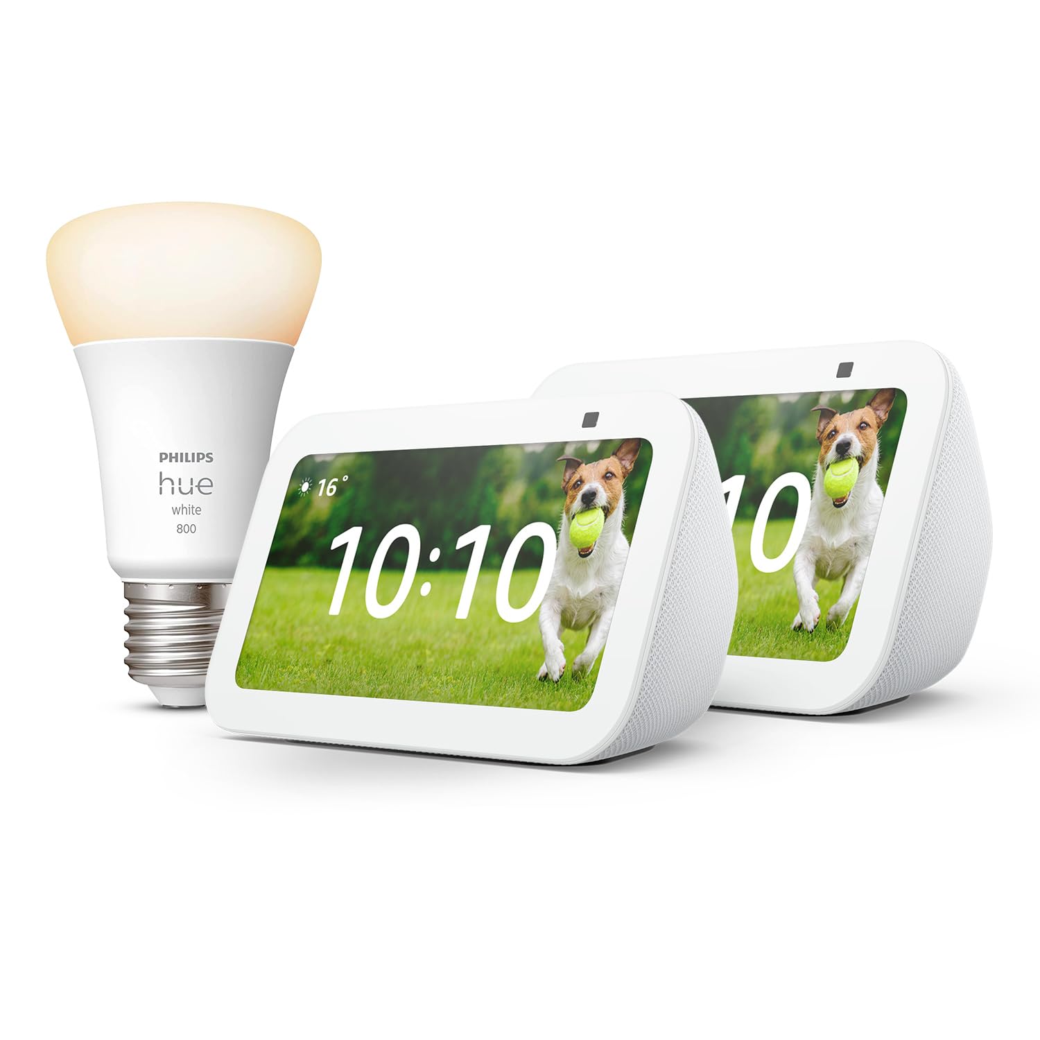 Echo Show 5 (3.ª generación) | Blanco, pack de 2 + Philips Hue White Bombilla Inteligente (E27), compatible con Alexa - Kit de inicio de Hogar digital