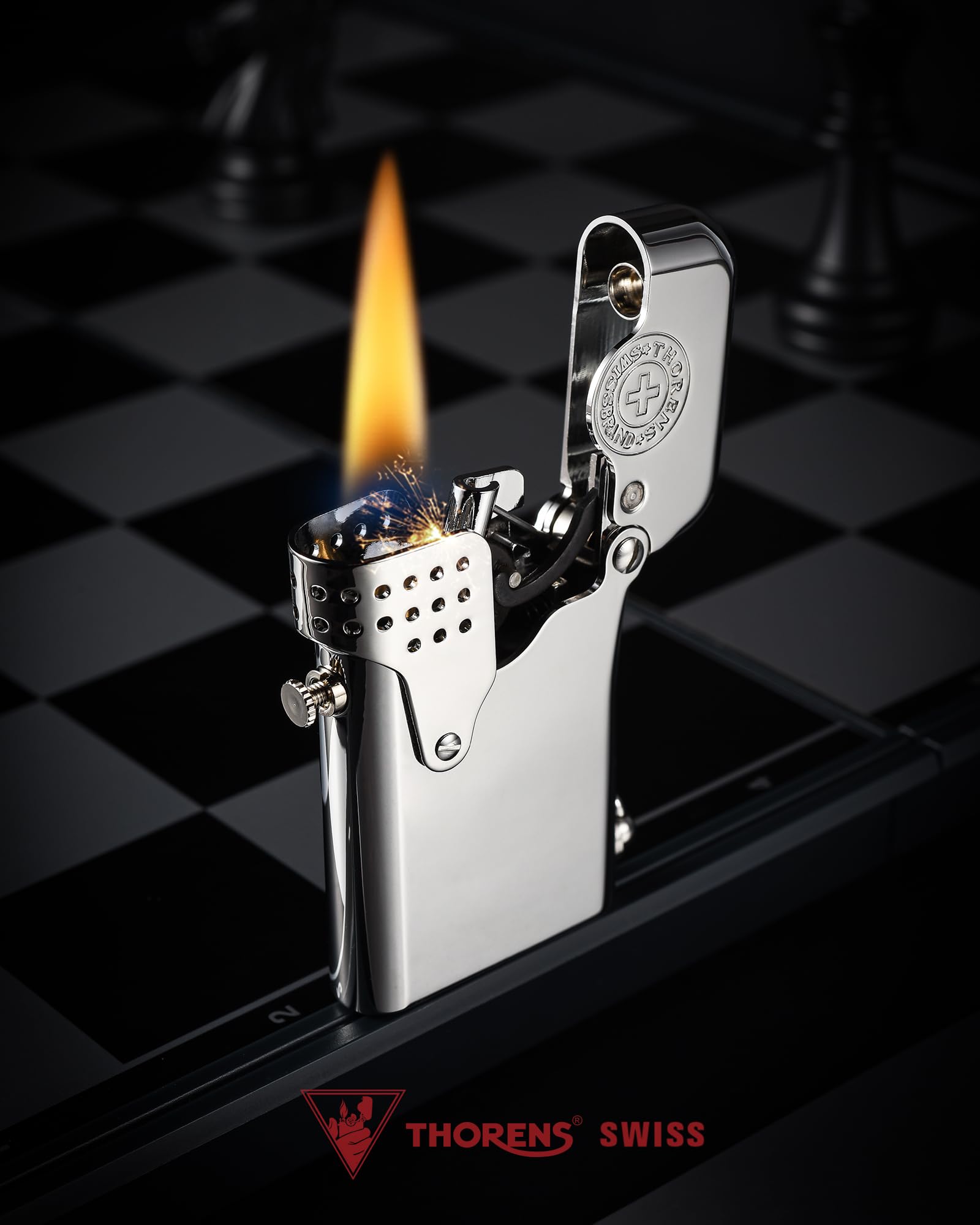 THORENS Gen 5 - Single Claw - Storm(Side-Fill)- Silver Sturmfeuerzeug | Messing, Benzin, Vintage, Retro, nachfüllbar, Softflame, Autozündung, Camping, Sammlergeschenk für Ehemann, Vater, Freund