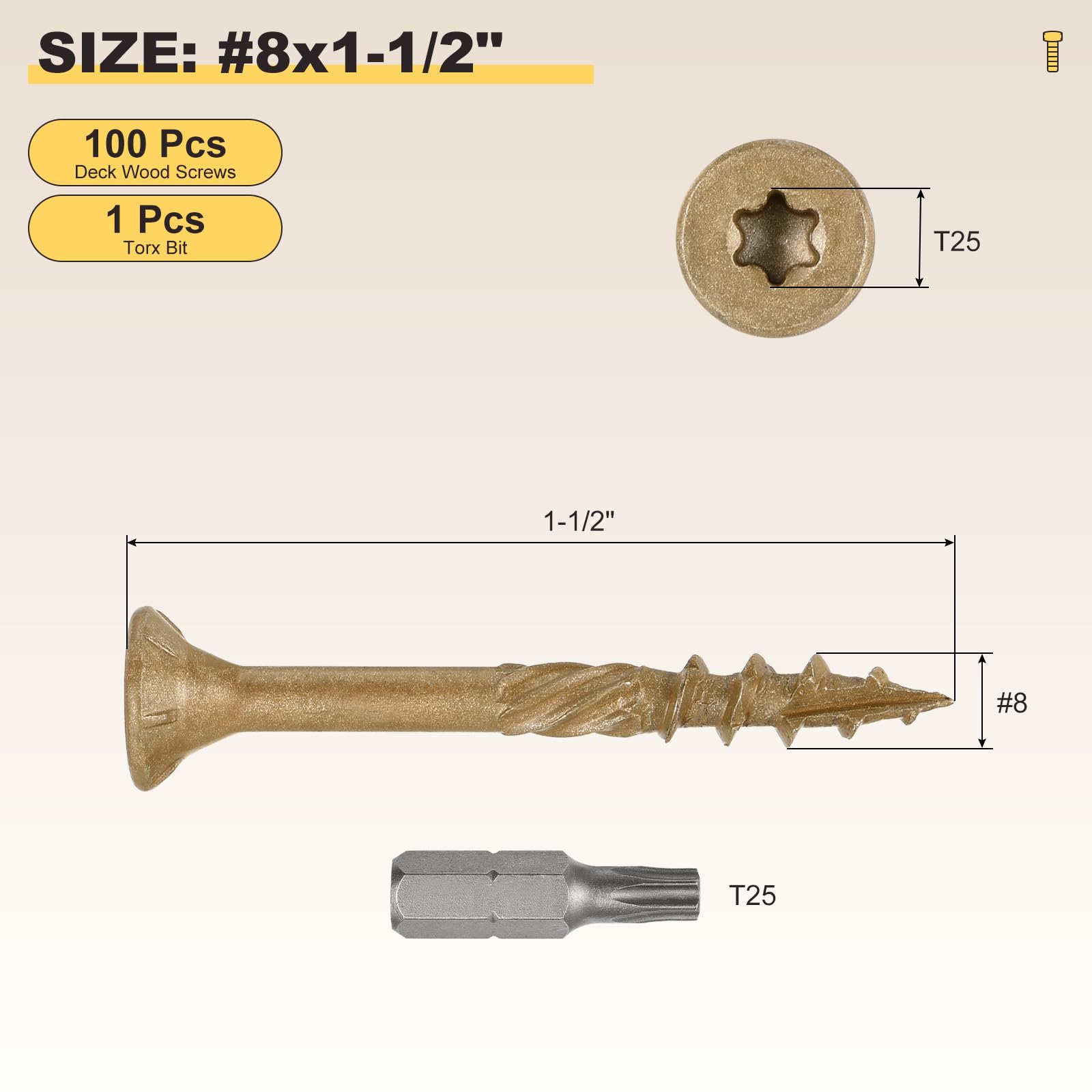 METALLIXITY Deck Screws (#8x1-1/2") 100Pcs, Carbon Steel Wood Screw Decking Screws Epoxy Coated with T25 Torx Drive Head - Image 2
