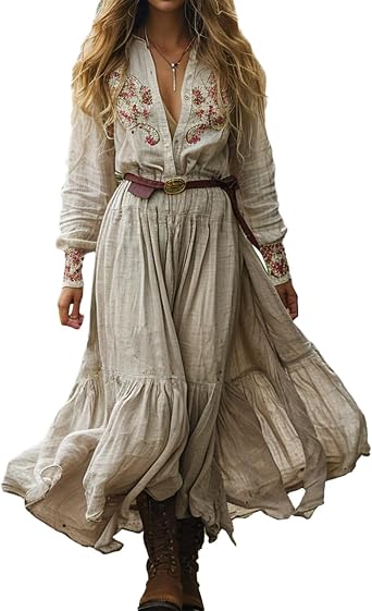 Womens 70s Vintage Distressed Maxi Dress Long Sleeves Button Down Western Cowgirl Dress Flower Long Dress