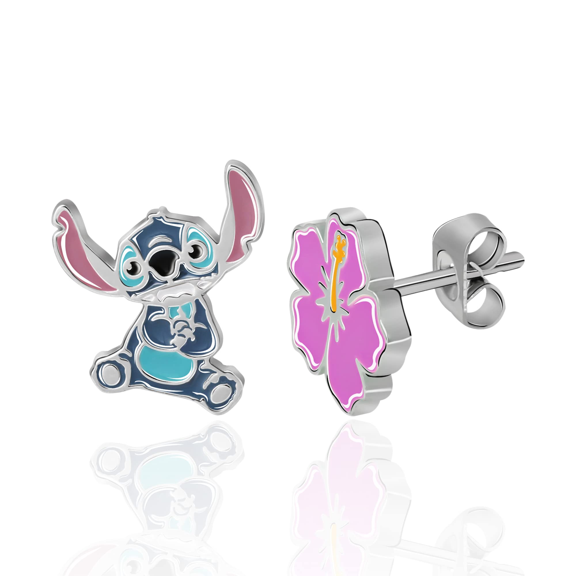 Disney Pendientes de Tuerca Lilo & Stitch para niñas, Plata de ley