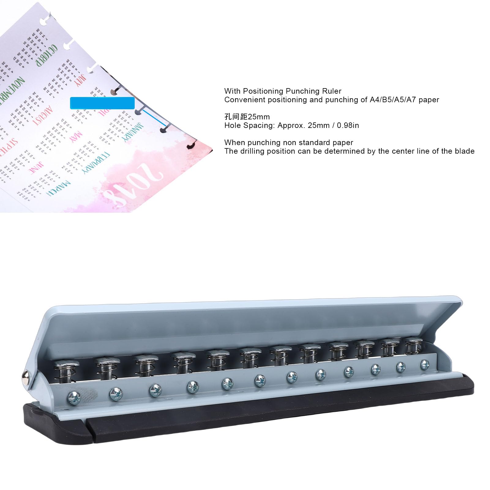 Elprico Perforatore a 12 Fori, Perforatore Portatile, a Fungo con Posizionamento Preciso, Adatto per Formati Carta A4, A5, B5, A7, per Quaderni con Rilegatura e Accessori