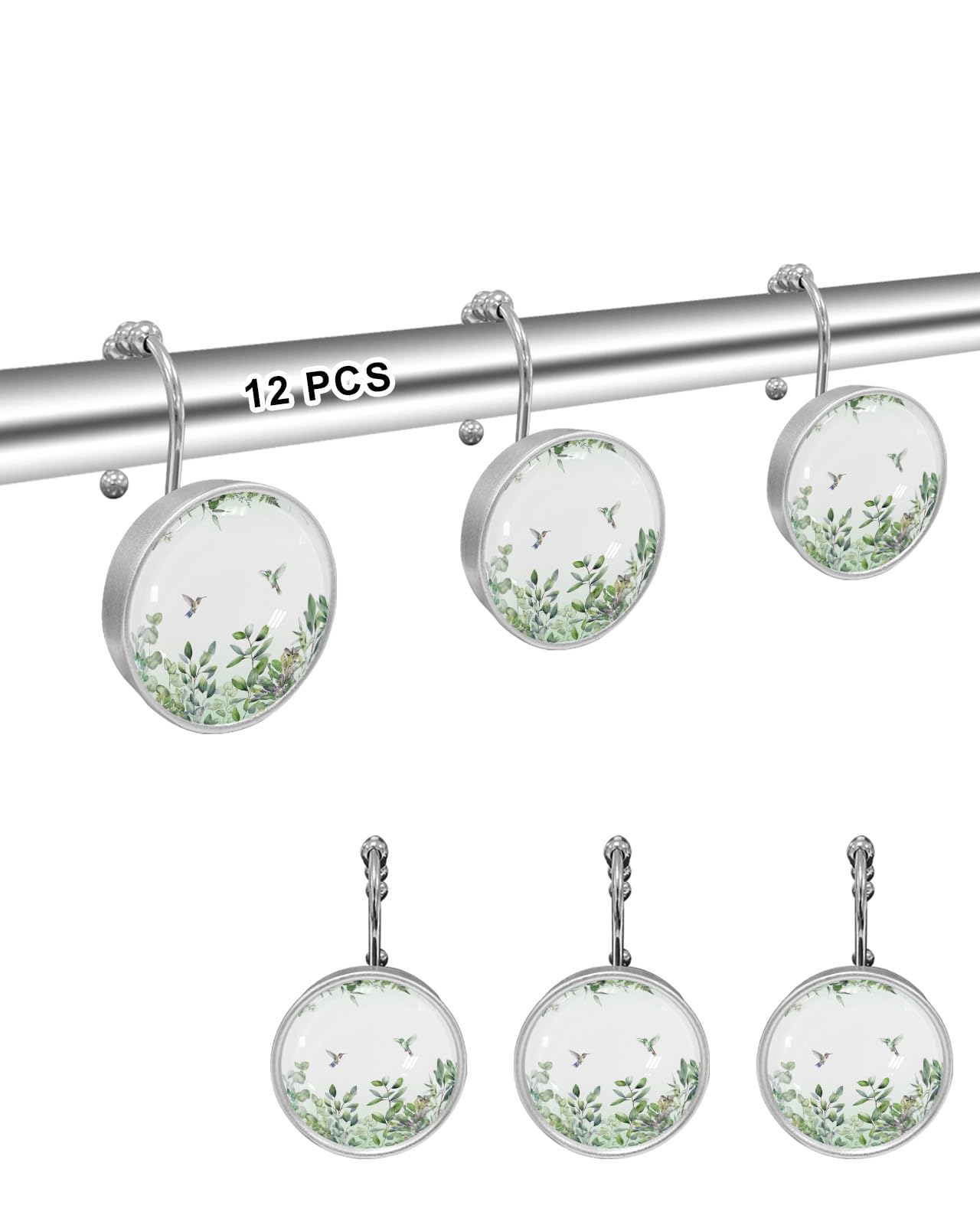 Plants Shower Curtain Hooks, Leaves Green Hummingbird Watercolor Style 12PCS Shower Curtain Hooks Rings for Bathroom Stainless Steel Rust Resistant Shower Curtain Hangers