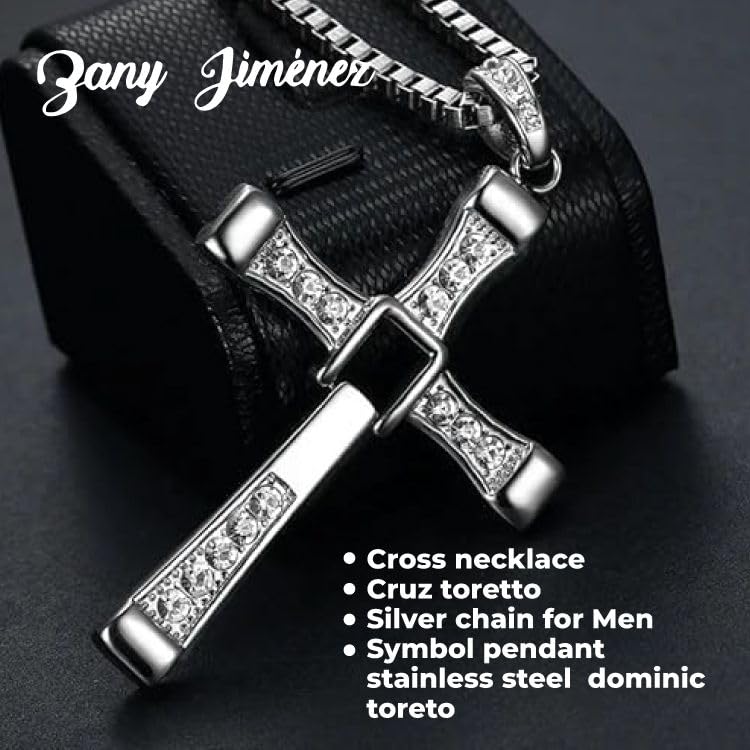 Dominic Toretto Necklace with Small Diamonds Silver, Ozzy Osbourne Cross Necklace, Dom Toretto Cross Necklace, Stainless Silver Cross Chain for Men, Mens Cross Necklaces4