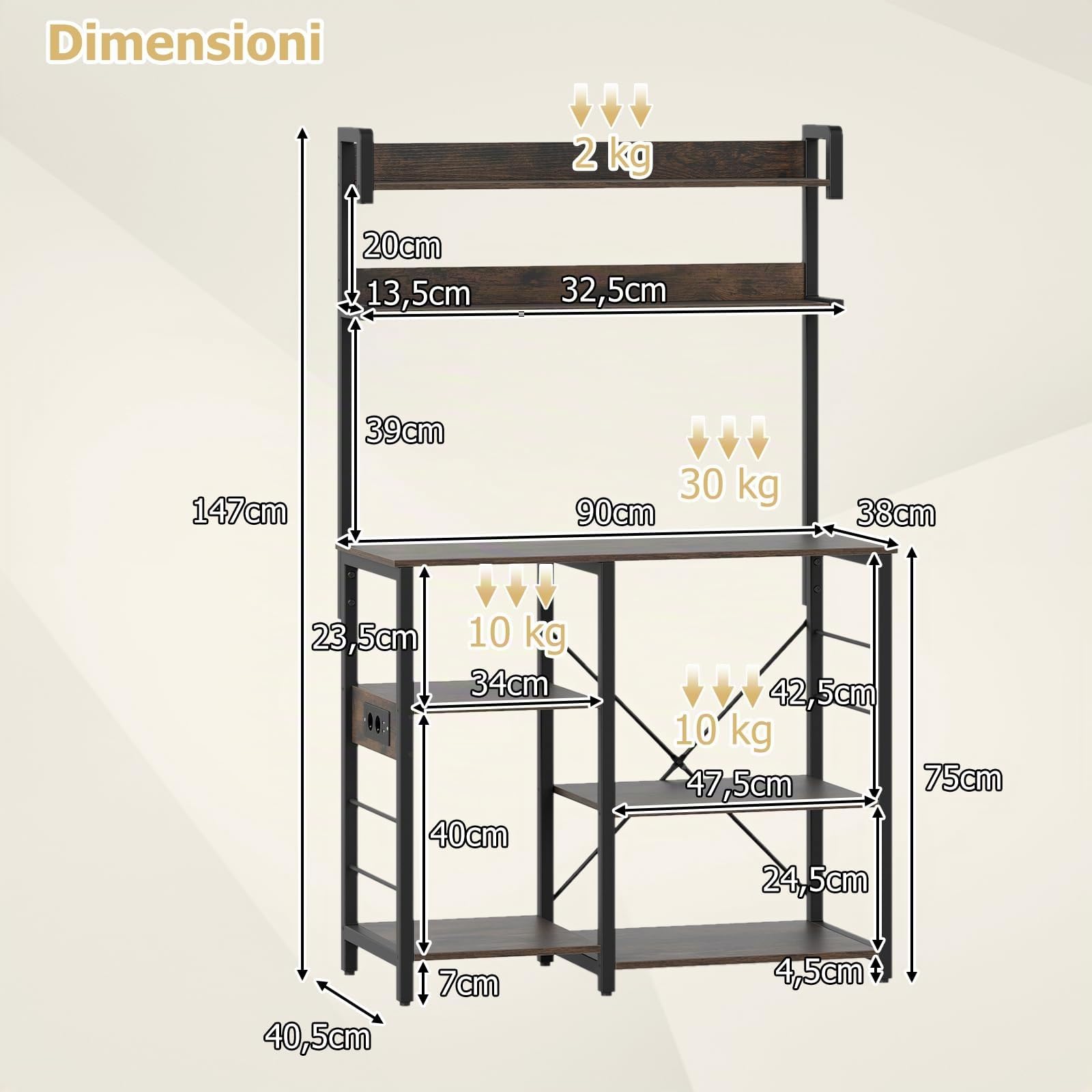 COSTWAY Scaffale da Cucina con Multipresa, Supporto per Microonde a 5 Ripiani con Luci LED, Mensole Portaoggetti, Scaffale Multifunzionale per Cucina Soggiorno Bar, 90 x 40,5 x 147 cm