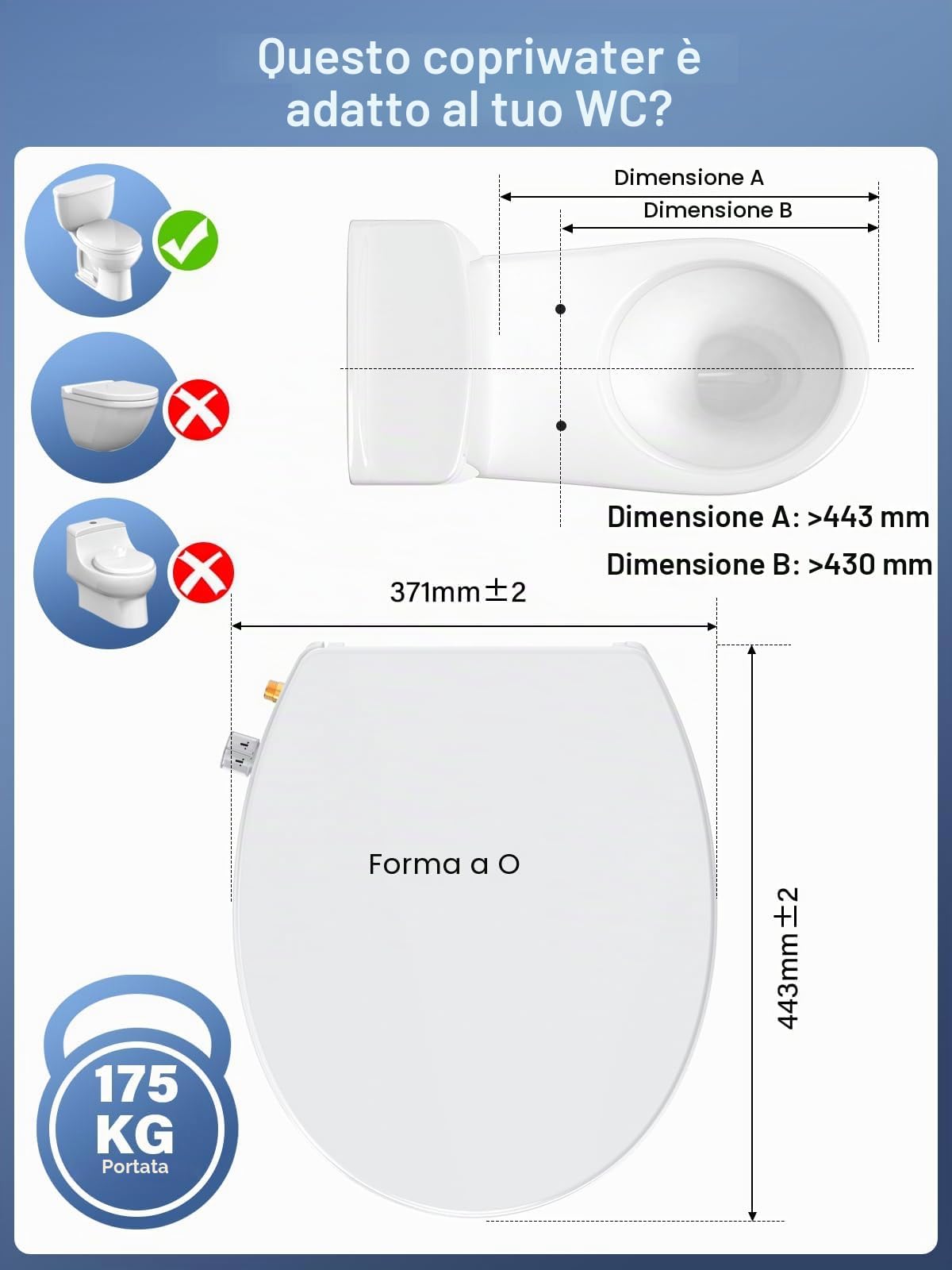 YEAUPE PRO Tavoletta WC Forma O in Urea Non Elettrico con Bidet, Soft Close | Sedile WC con acqua regolabile, sgancio rapido, facile pulizia e installazione semplice, adatto per WC domestici forma O