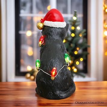 Festive Black Cat with LED Lights Figurine, 7 Cute Home Decor Statue