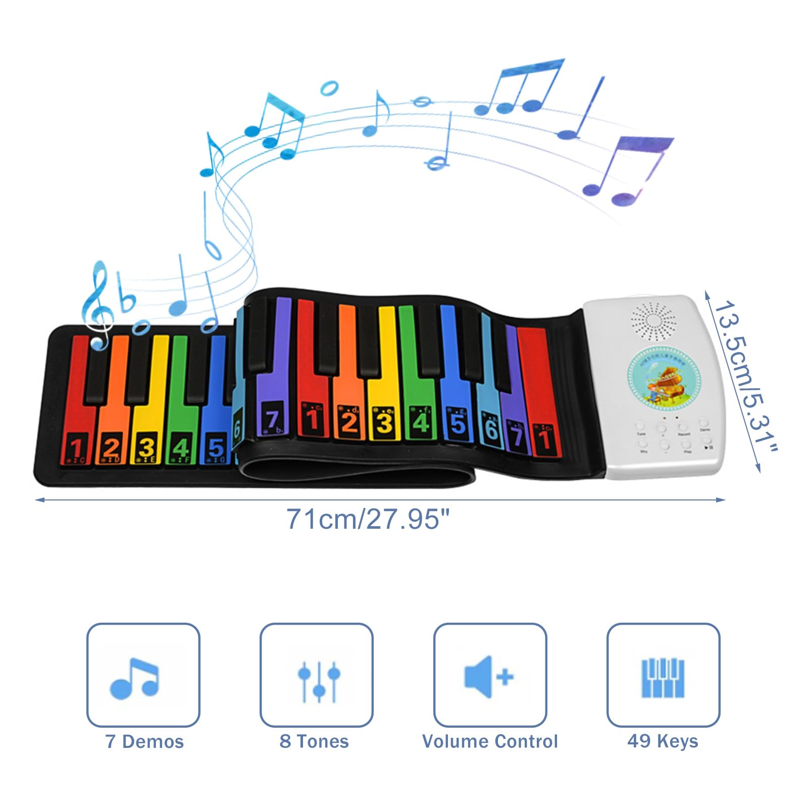 Piano de Silicona Enrollable y Portátil - 47 Teclas, 14 Canciones de Demostración Para Principiantes y Profesionales