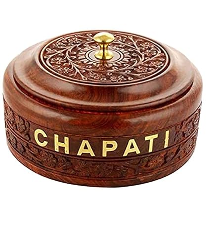 Linquard Collection Store Wooden Chapati Box Stainless Steel Sheesham Hand Carved Wood Casserole Box | Roti Box | Chapati Box Round Shape | Size 9 x 9 Inch | Brown