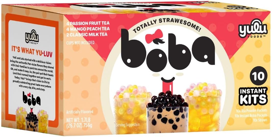 Boba Bundle Kit 10 Serv. Instant Bubble Pearl Variety Milk Tea Kit with Authentic Brown Sugar Tapioca Pearls by Yulu Foods - Ready in Under 1 Minute, Includes Paper Straws - Gift Box, Holiday (Classic